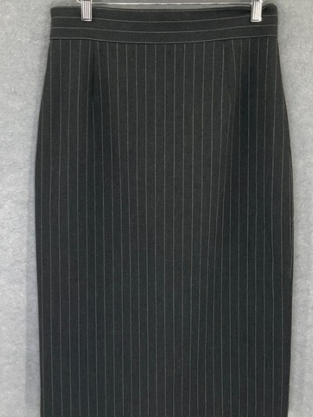 ANTONIO MELANI Charcoal & Gray Pinstripe Midi Pencil Skirt, Back Slit, Sz: 4